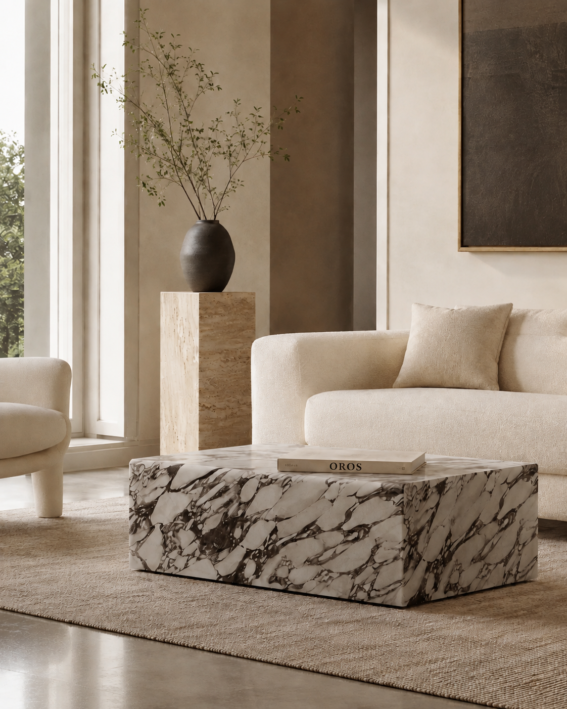 The Calacatta Viola Coffee Table in a calm, light-filled living room